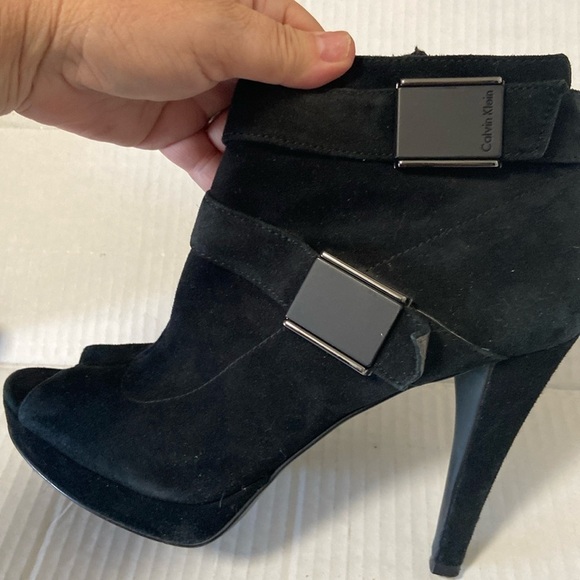 Calvin Klein size 7 black suede booties heels with open toes $100 - Picture 2 of 14